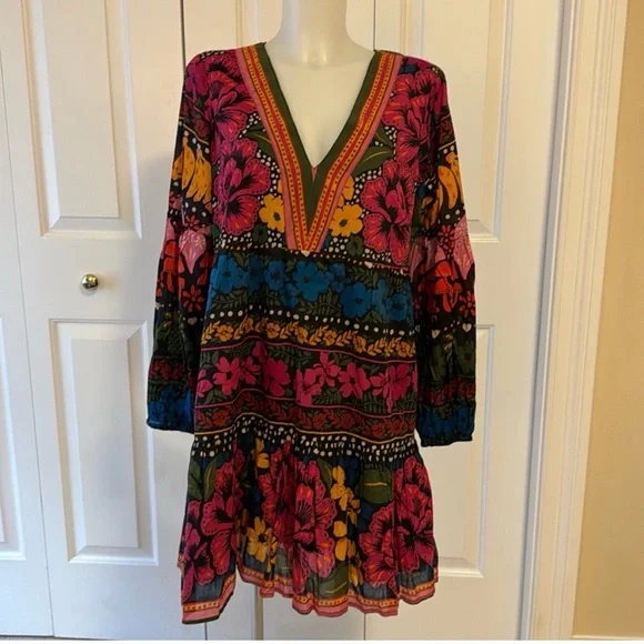 🌺 Farm Rio Floral V-Neck Tiered Dress – NWT Size Large NWT Anthropologie - Picture 2 of 7